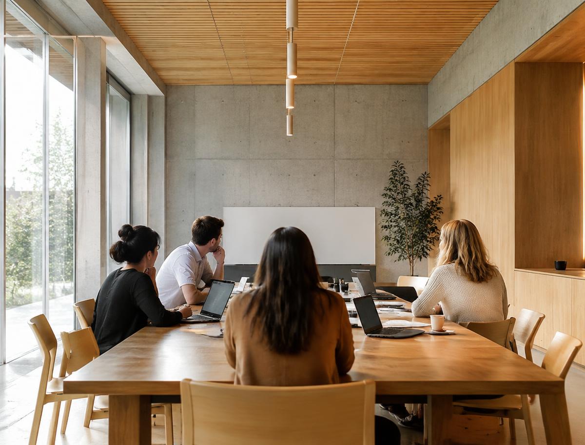 People working together around a long table with laptops in a bright meeting room