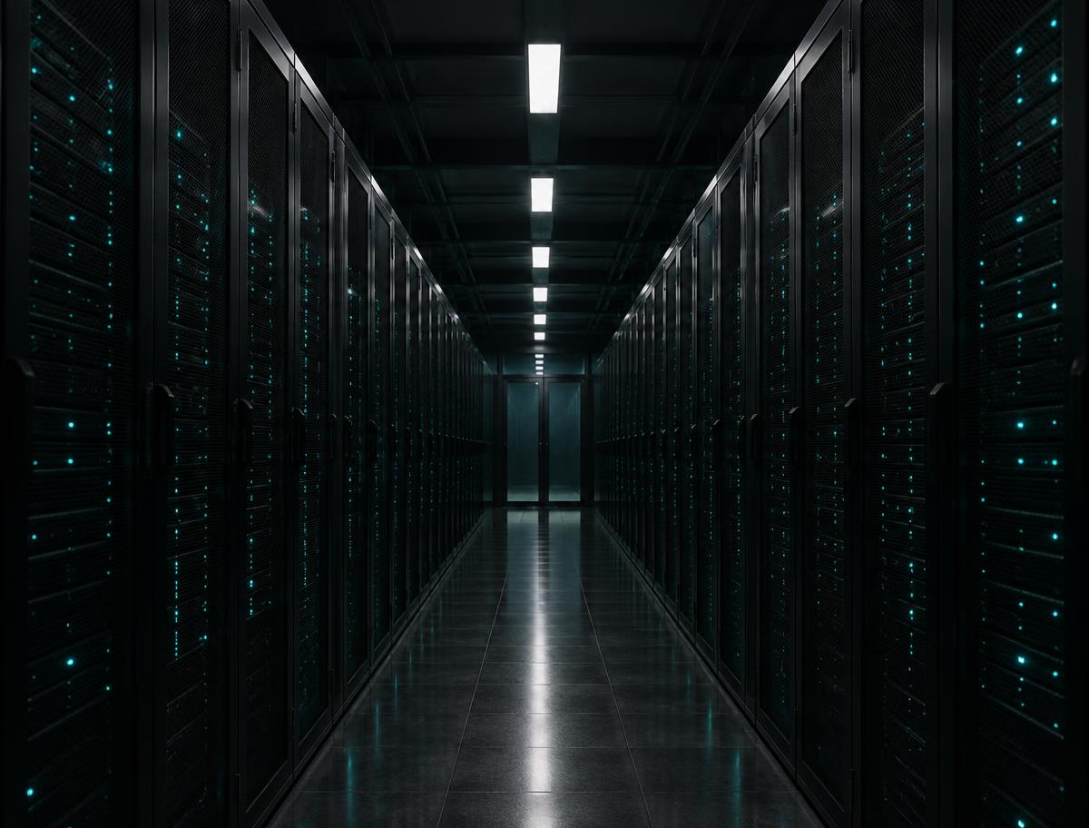 Long corridor of server racks lit by teal indicator lights